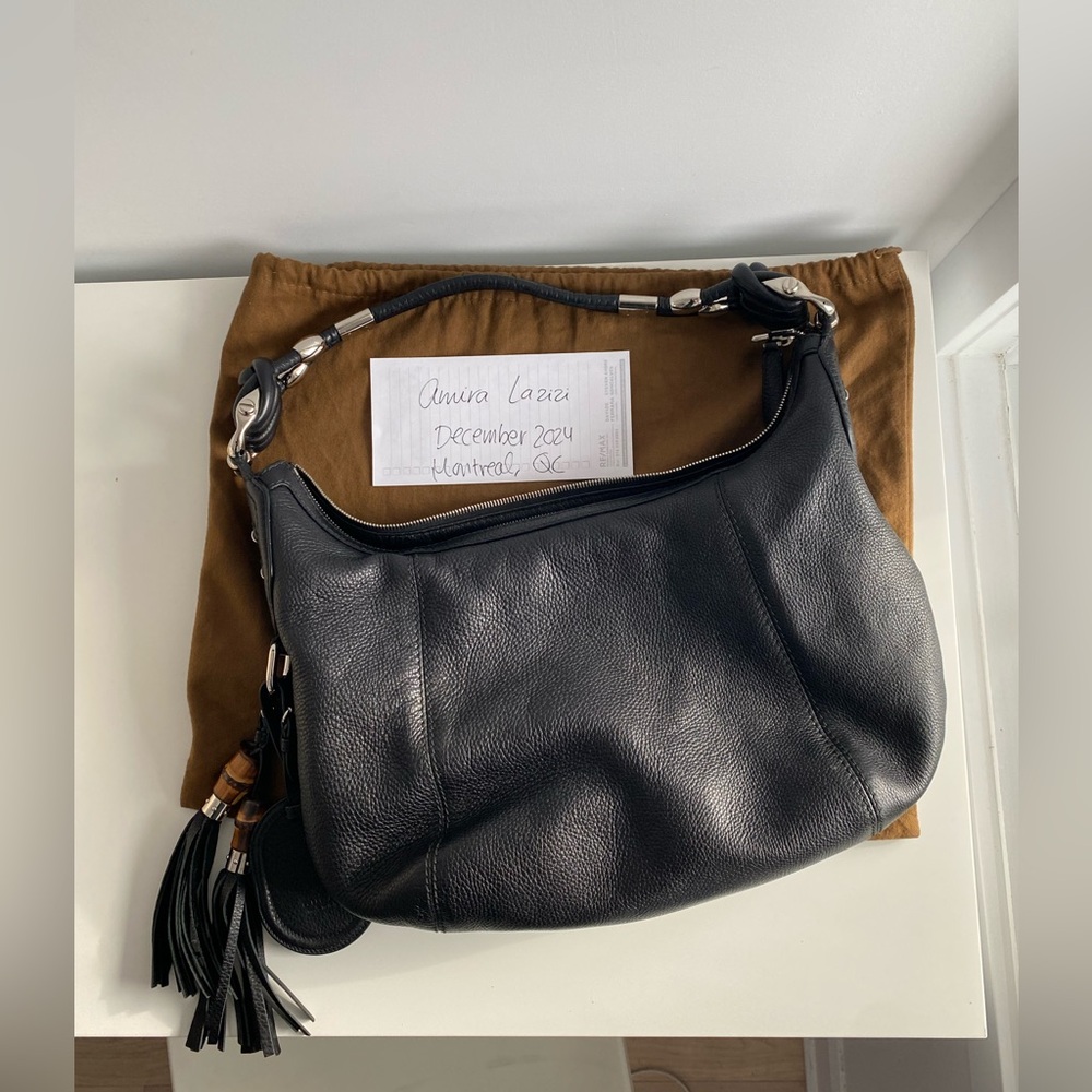 SOLD 💖 Gucci Hobo Bag Black Grainy Leather Silver Hardware Bamboo